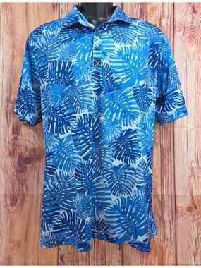 CON.STRUCT Blue Tropical Leaf Print Mens Polo Shirt Large
